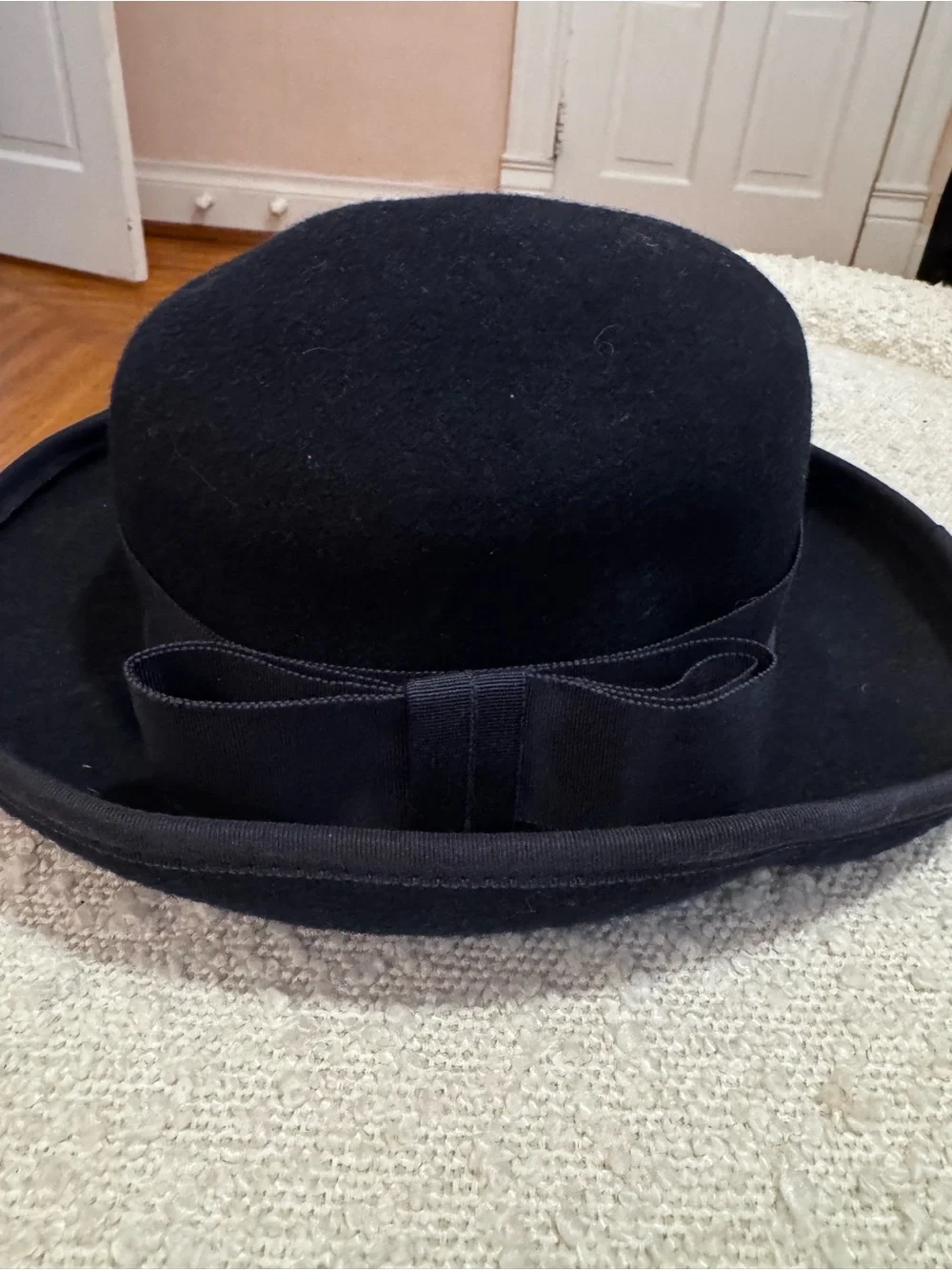 Classic Black Women's Wool Bowler Hat with Ribbon Trim